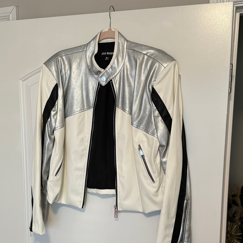 Steve Madden Silver and Cream Leather Jacket